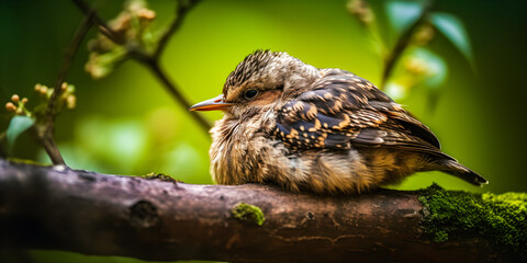 Tiny lazy bird sleeping on a branch in a tree during spring - generative AI