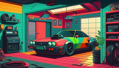 Retro 80s car in a garage.  Created using generative AI.