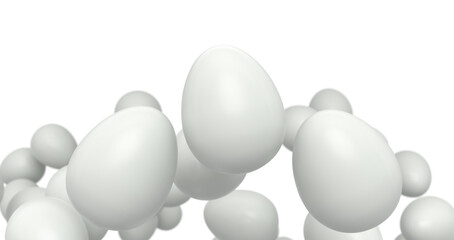 Group of flying farm raw organic white chicken eggs flying on white background