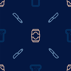Set line Bread toast, Knife and Soda can on seamless pattern. Vector