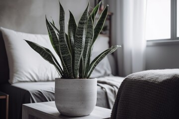 Snake Plant With Tall, Sturdy Leaves In A Sleek White Pot In A Minimalist Apartment. Generative AI