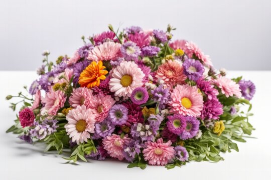 Composizione floreale sul ross, viola, arancione, su sfondo bianco, chiaro. Foto ad alta risoluzione. Matrimonio, san valentino, celebrazione, poster floreale, background floreale. 