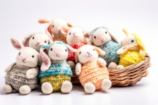 Conigli, coniglietti Amigurumi. lavorati all’uncinetto. foto alta risoluzione. Conigli pasquali, di pasqua. Conigli colorati. Amigurumi pasquali. Cesto, cestino di vimini. Sfondo bianco. 