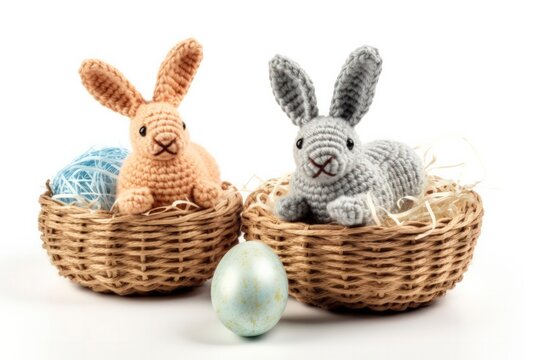  Conigli coniglietti dentro cesto di vimini. Conigli di pasqua con uova pasquali. Foto alta risoluzione. 