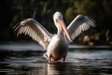 Fototapeta na wymiar Pelican Bird Spreading Its Wings By The Water. Generative AI