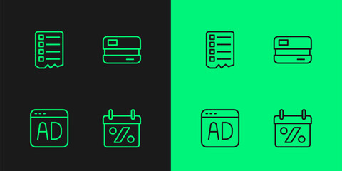 Set line Discount percent tag, Advertising, Shopping list and Credit card icon. Vector