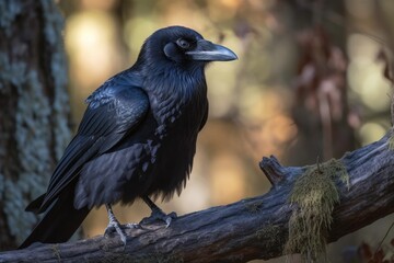 Obraz premium Raven Bird Perched On A Tree Branch. Generative AI