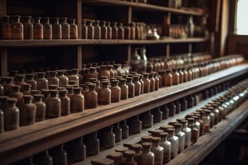 Rows Of Old Medicine Bottles On Wooden Shelves. Generative AI