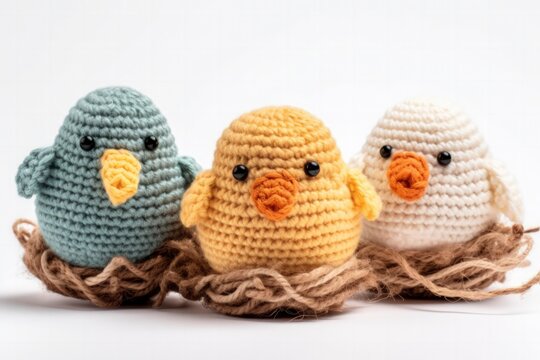 Pulcini dentro cestino Amigurumi. foto alta risoluzione. 