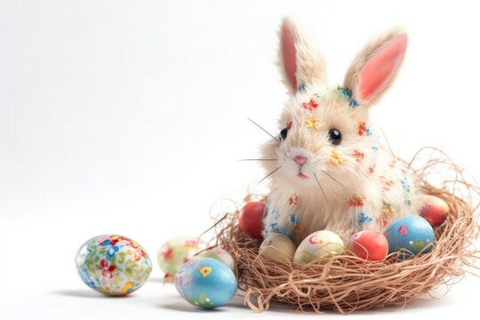 Coniglio dentro cestino di vimini com uova di pasqua. Foto alta risoluzione. Pasqua. Cesto. Uova di Pasqua. Coniglio colorato. 