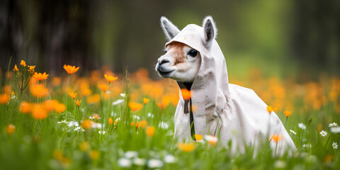 Cool alpaca wearing a hoodie in the rain in a meadow during spring - generative AI
