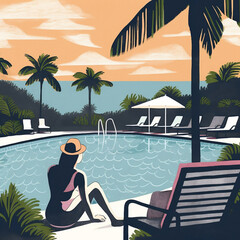 Sunbathing at a tropical resort by the sea, sunset, generative AI