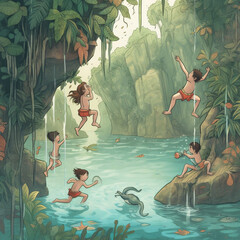 Children playing in a tropical jungle pool, generative AI