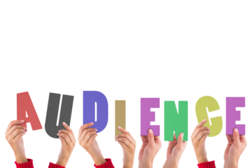 Colorful alphabet spelling audience held up by people 