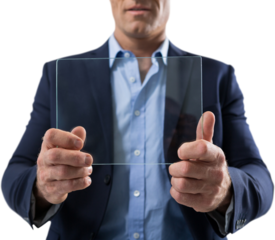 Mid section of adult businessman using glass digital tablet