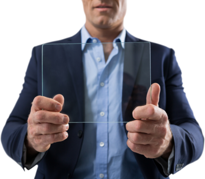 Mid section of adult businessman using glass digital tablet