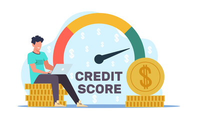 Man sits with laptop and checks credit history. Banking application, poor and good score on speedometer, consumer information, money report, cartoon flat illustration. Vector concept