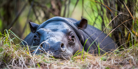 Funny hippo sleeping in a meadow during spring - generative AI
