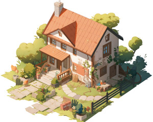 Vector isometric illustration of a country house with garden and lawn.