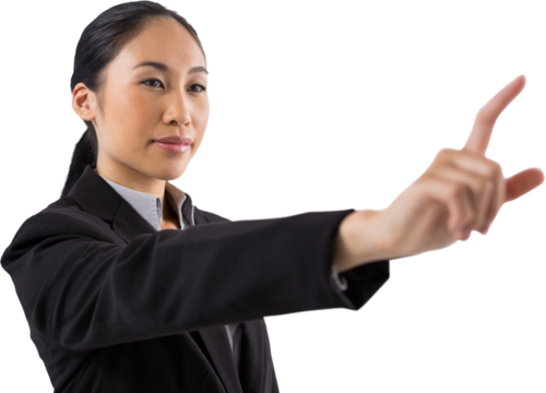 Businesswoman pressing an invisible virtual screen