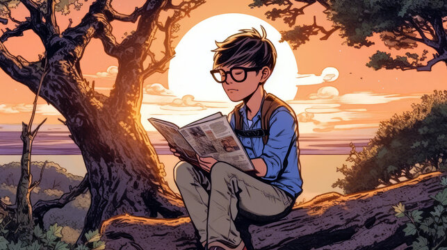 reading young boy, wearing oversized glasses, is perched on a tree branch, completely engrossed in a comic book, World Book Day (created with Generative AI)