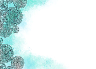 mint&blue boho style banner, bohemian line art poster, black and white cirkles on ink spots