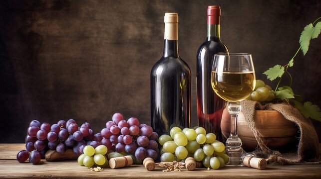 wine and grapes lying on a table AI Generated