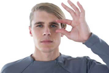 Portrait of businessman holding invisible eyeglasses