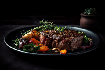 A plate of steak with vegetables and herbs on it