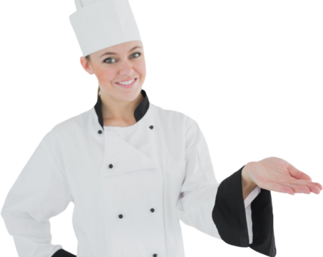 Portrait of a woman chef holding out her hand