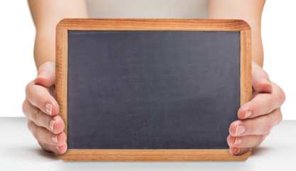 Females hands showing black board