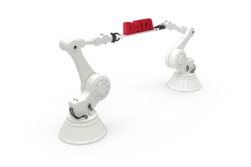 Muurstickers White robotic hands holding red data message against white background © vectorfusionart