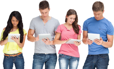 A group standing beside each other and using their tablet pcs