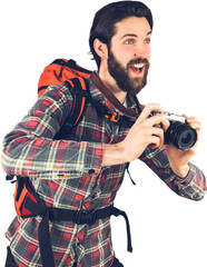Happy hiker taking picture through camera
