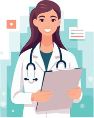 Woman doctor holds a medical record and smile on a white background, vector flat illustration, Medical tests concept, Health сare сoncept. Physician Holding a Clipboard.