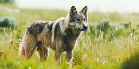 Beautiful wolf standing in a meadow during spring - generative AI