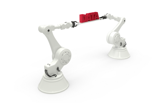 White robotic hands holding red data message against white background