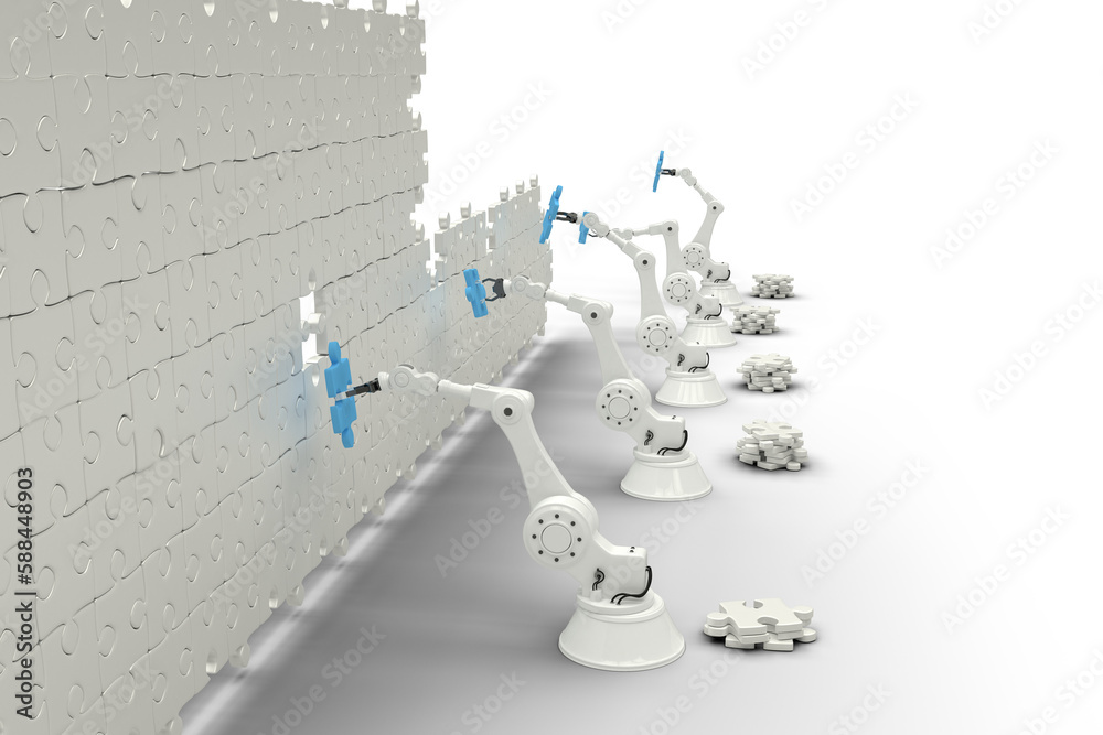 Wall mural High angle view of robotic hands arranging jigsaw pieces on puzzle