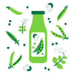 Bottle of pea milk with pods and leafs around. Plant based vegan drink concept. Dairy free and non lactose beverage. Vector flat illustration.