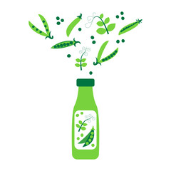 Bottle of pea milk with pods and leafs. Plant based vegan drink concept. Dairy free and non lactose beverage. Vector flat illustration.
