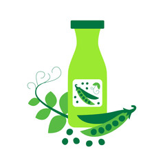 Bottle of pea milk with pods and leafs. Plant based vegan drink concept. Dairy free and non lactose beverage. Vector flat illustration.