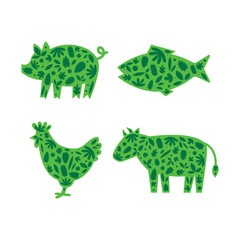 Plant-based meat and protein concept. Green silhouette of animals (pig, cow, chicken, fish) with leaves inside. Vegan and vegetable diet symbols. Sustainable climate cruelty free eating.