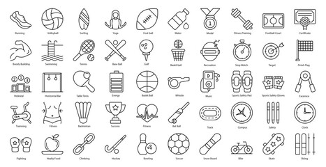 Fototapeta na wymiar Sports Thin Line Icons Sport Football Baseball Iconset in Outline Style 50 Vector Icons in Black