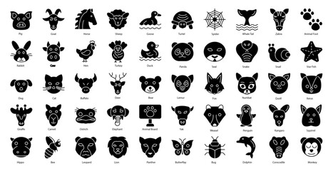 Animals Glyph Icons Animal Pet Zoo Iconset in Glyph Style 50 Vector Icons in Black