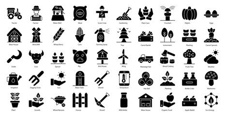 Agriculture Glyph Icons Animal Gardening Farming Farmer Iconset in Glyph Style 50 Vector Icons in Black