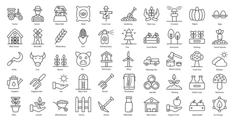 Agriculture Thin Line Icons Animal Gardening Farming Farmer Iconset in Outline Style 50 Vector Icons in Black