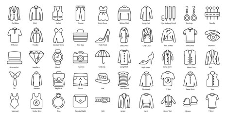 Fashion Thin Line Icons Clothing Clothes Dress Iconset in Outline Style 50 Vector Icons in Black