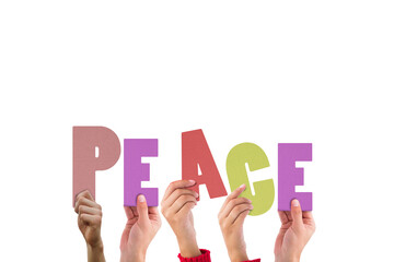 Cropped hands holding colorful word peace 