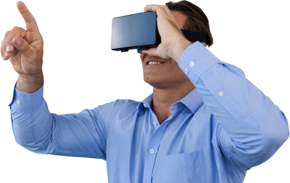 Smiling businessman pointing while wearing virtual reality simulator