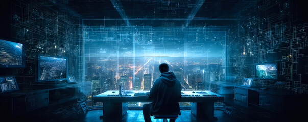 A young man from generation z as home worker, hacker alone in his technical living room or office with desk, penthouse, tv, view of a modern city skyline at blue hour, Generative AI - obrazy, fototapety, plakaty